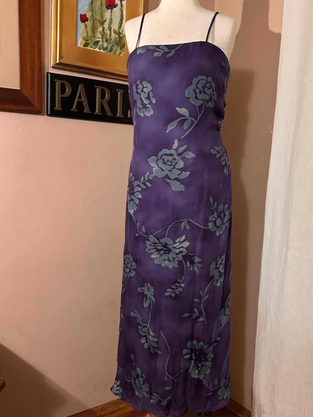 VTG Armani Collezioni Purple Silk Foral Dress with Cinching at Side Size 8